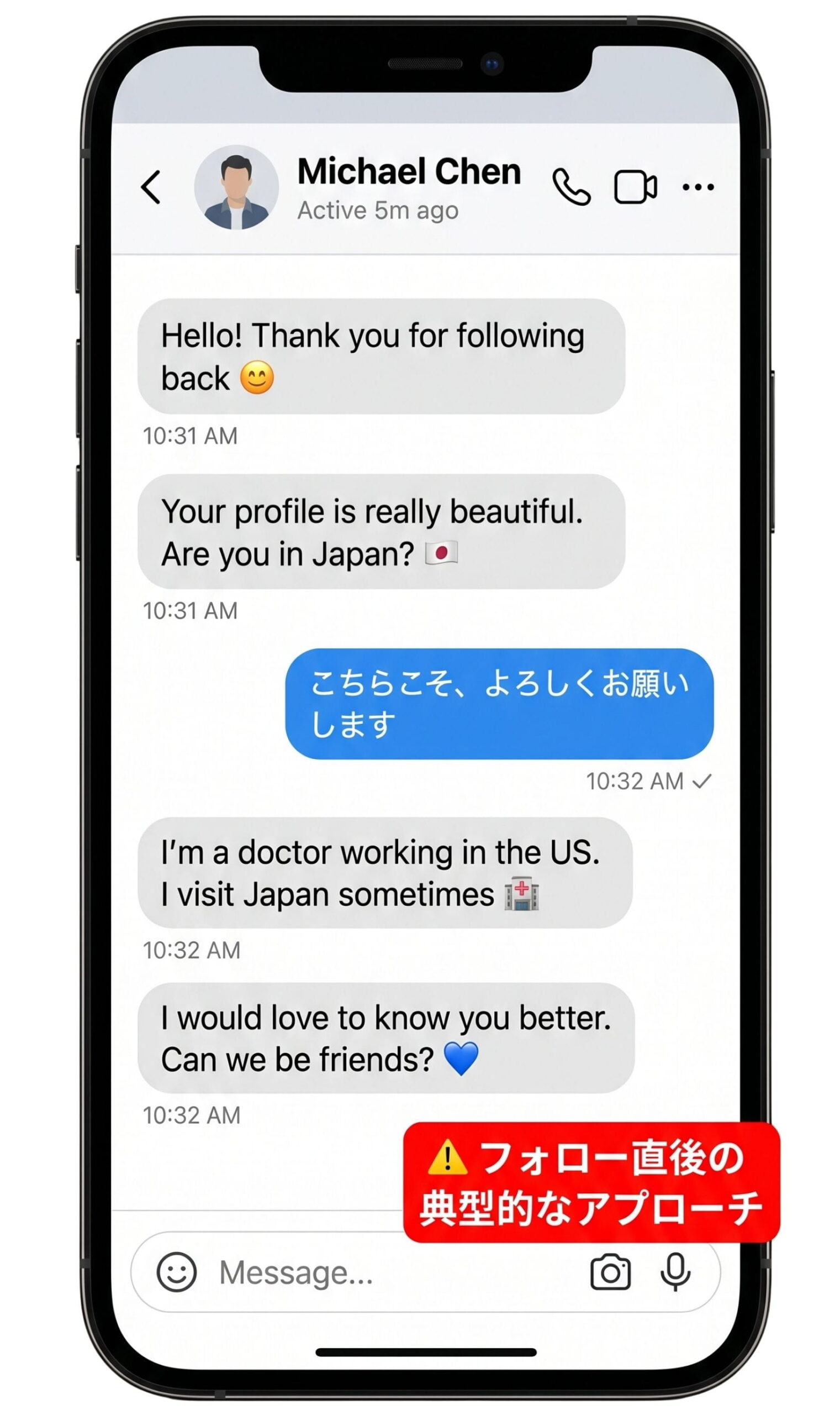 ロマンス詐欺 フォロー→DM型の実例スクリーンショット