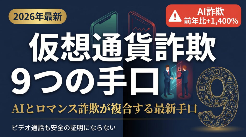 仮想通貨詐欺9つの手口と対処法【2026年最新】AI詐欺・ロマンス詐欺複合型の実例