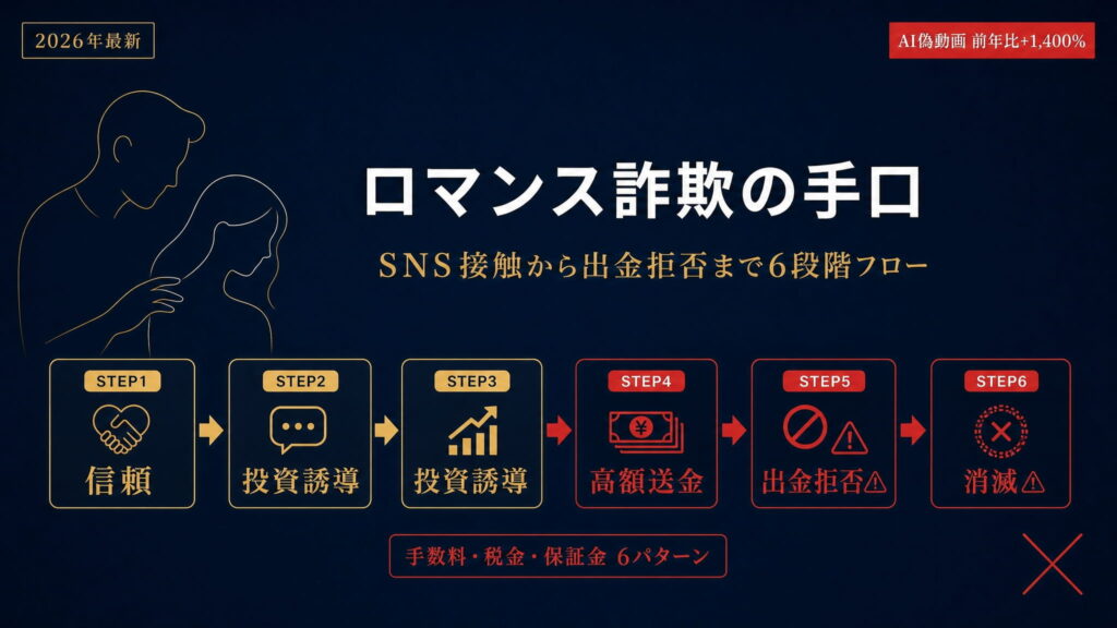 ロマンス詐欺の手口【2026年最新】SNS接触から出金拒否まで段階別フローと対処法