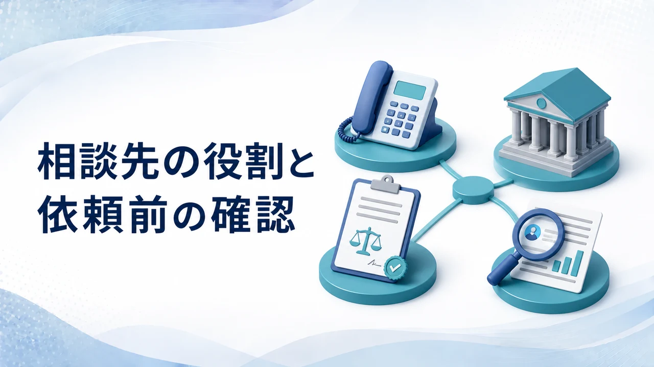 ユニバーサルセキュリティへの依頼前に確認する相談先の役割を示す図
