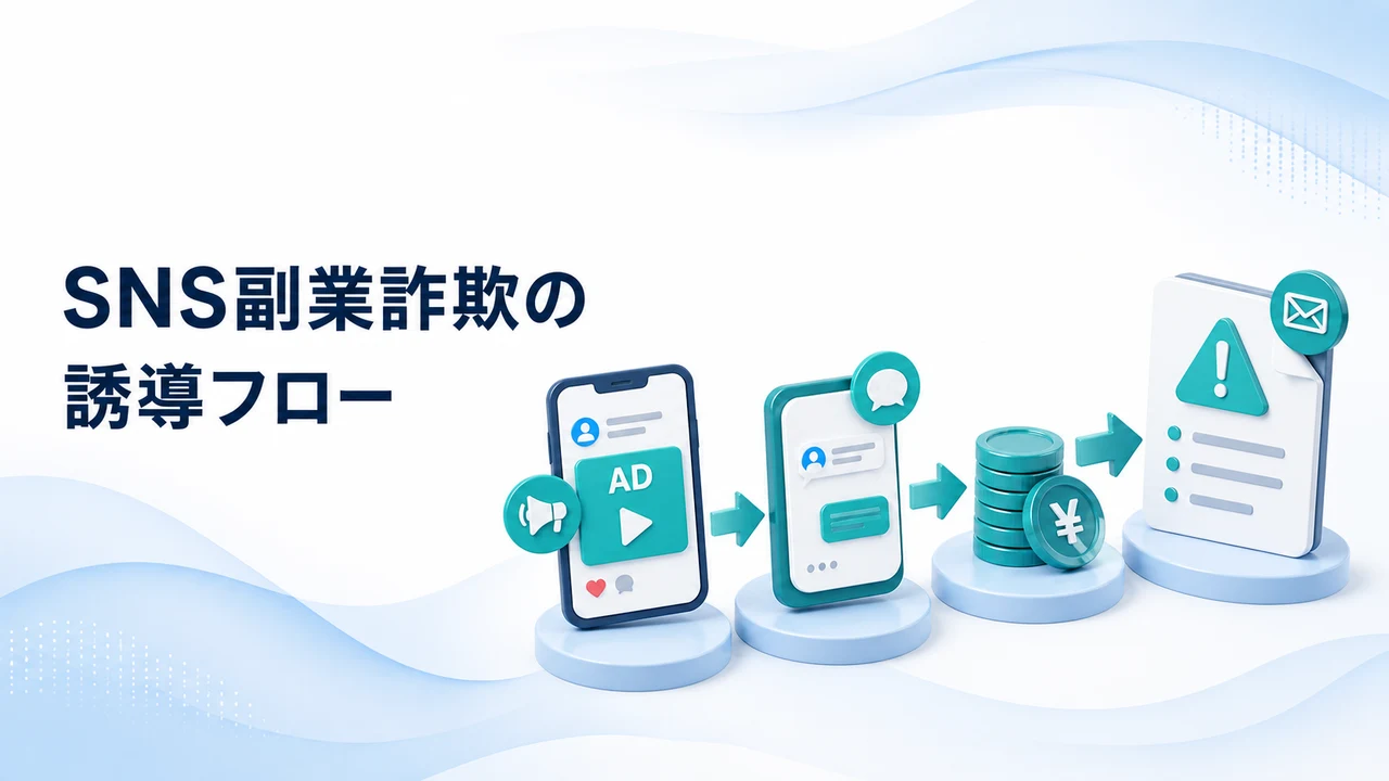 SNS副業詐欺の典型的な誘導フローを示す図