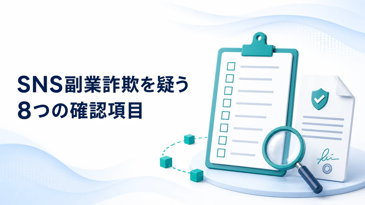SNS副業詐欺を疑う8つの確認項目を示す図