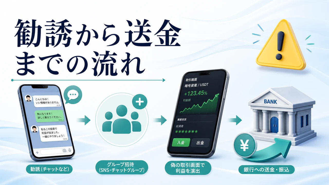 LINEのFX投資詐欺で勧誘から送金へ進む流れを示す図