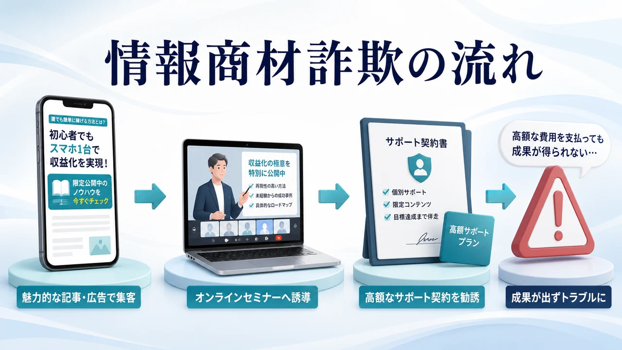 情報商材の購入から高額サポート契約へ進む流れを示す図