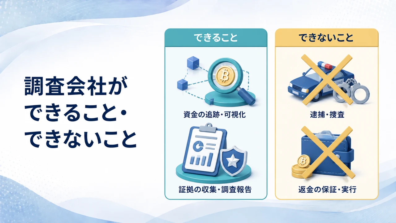 仮想通貨詐欺の調査会社ができることとできないことを示す図