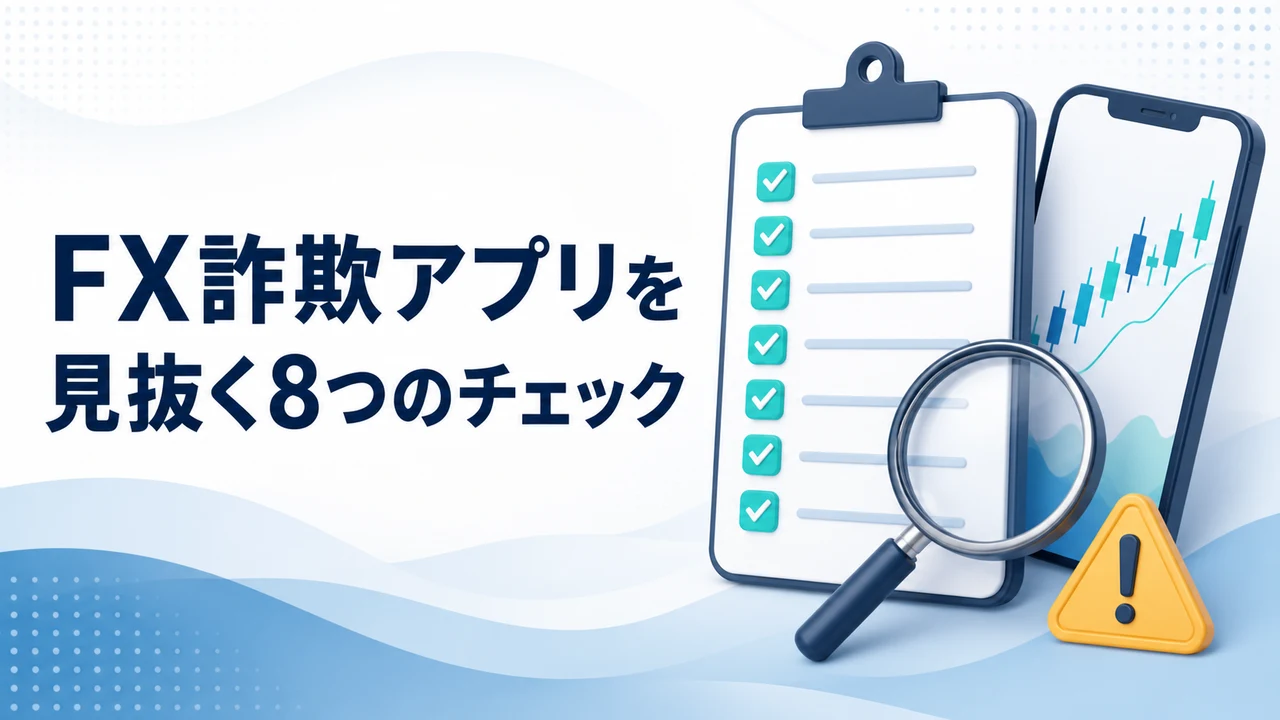 FX詐欺アプリを見抜く8つのチェックを示す図