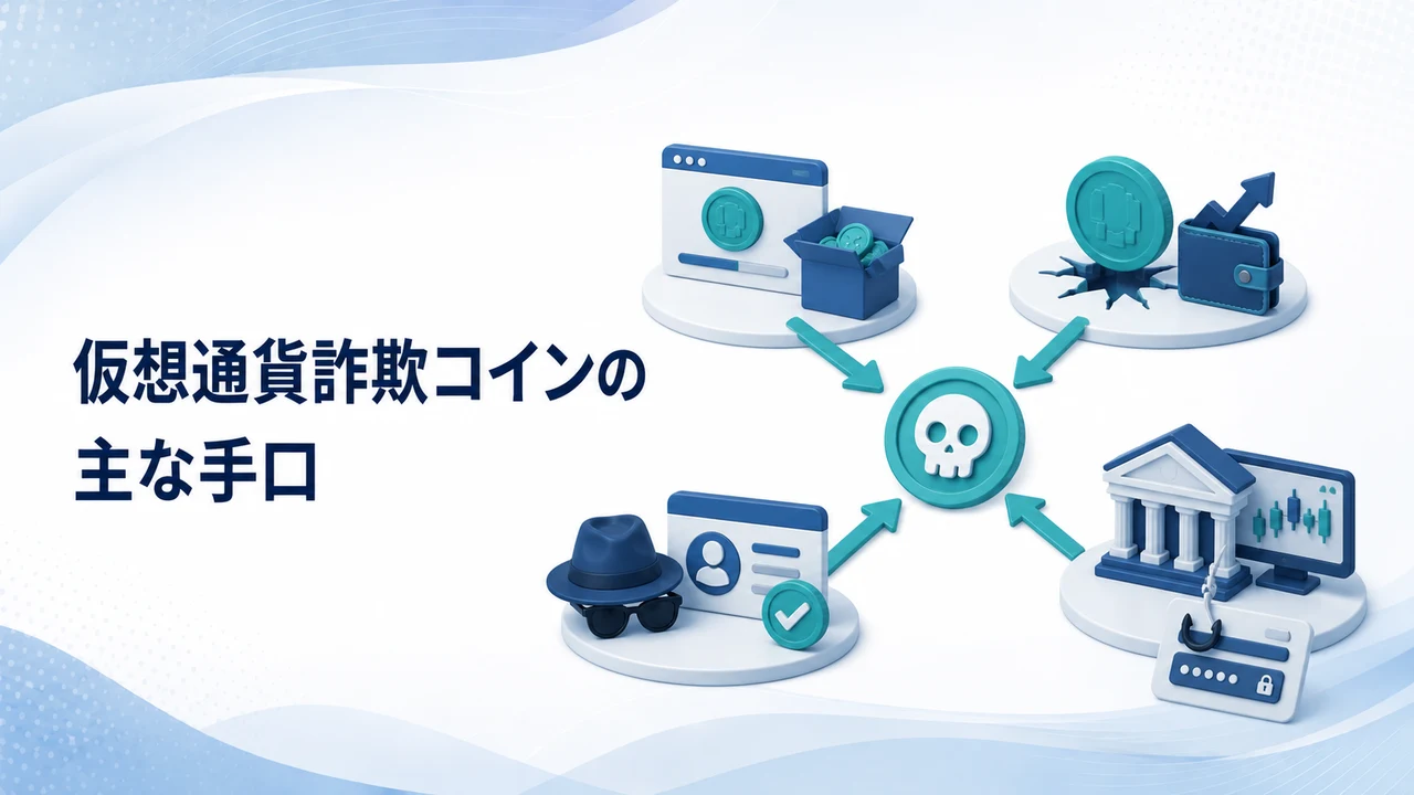仮想通貨詐欺コインの主な手口を示す図