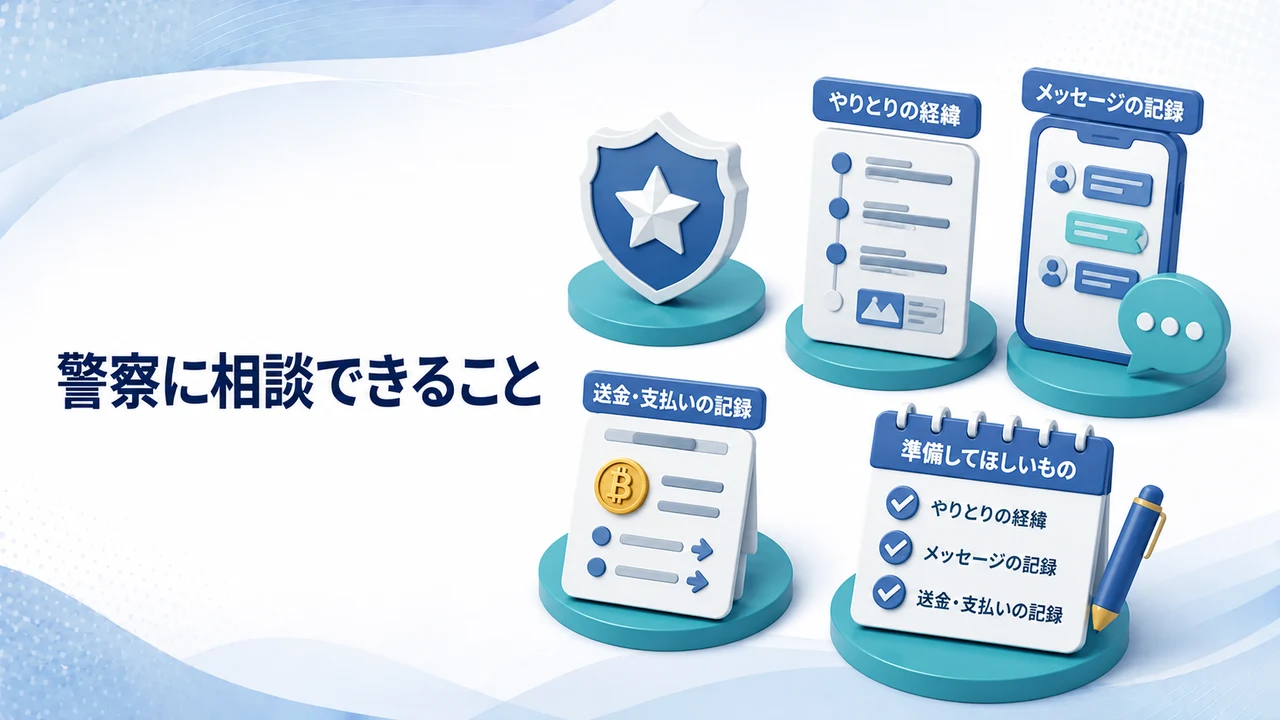 ロマンス詐欺を警察へ相談できることと証拠を示す図