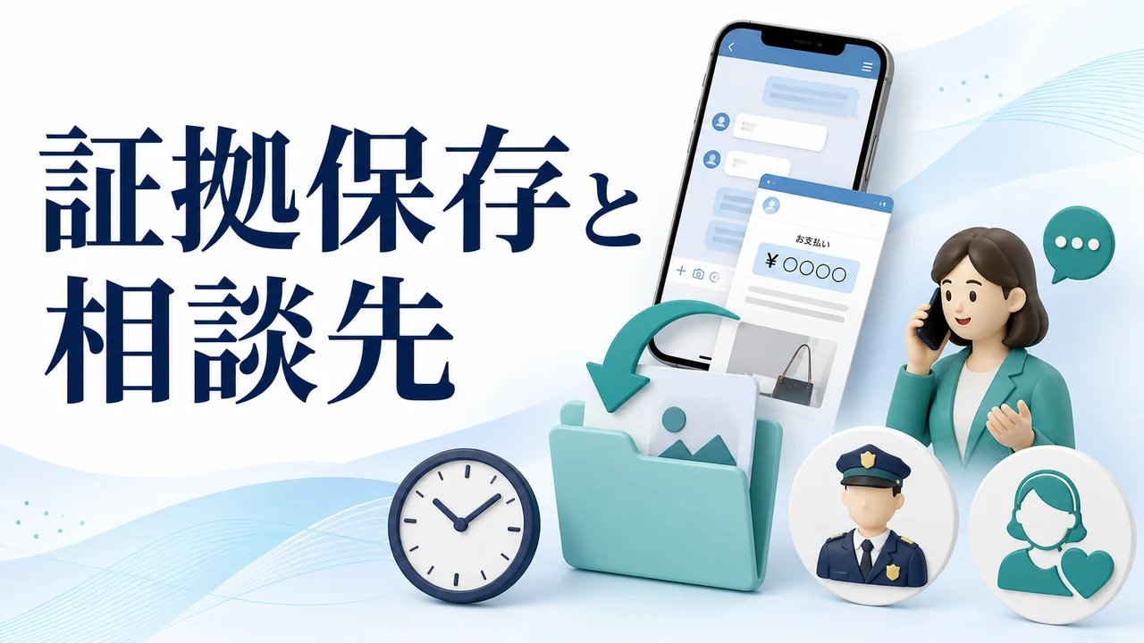 情報商材トラブルの証拠保存と相談先を示す図