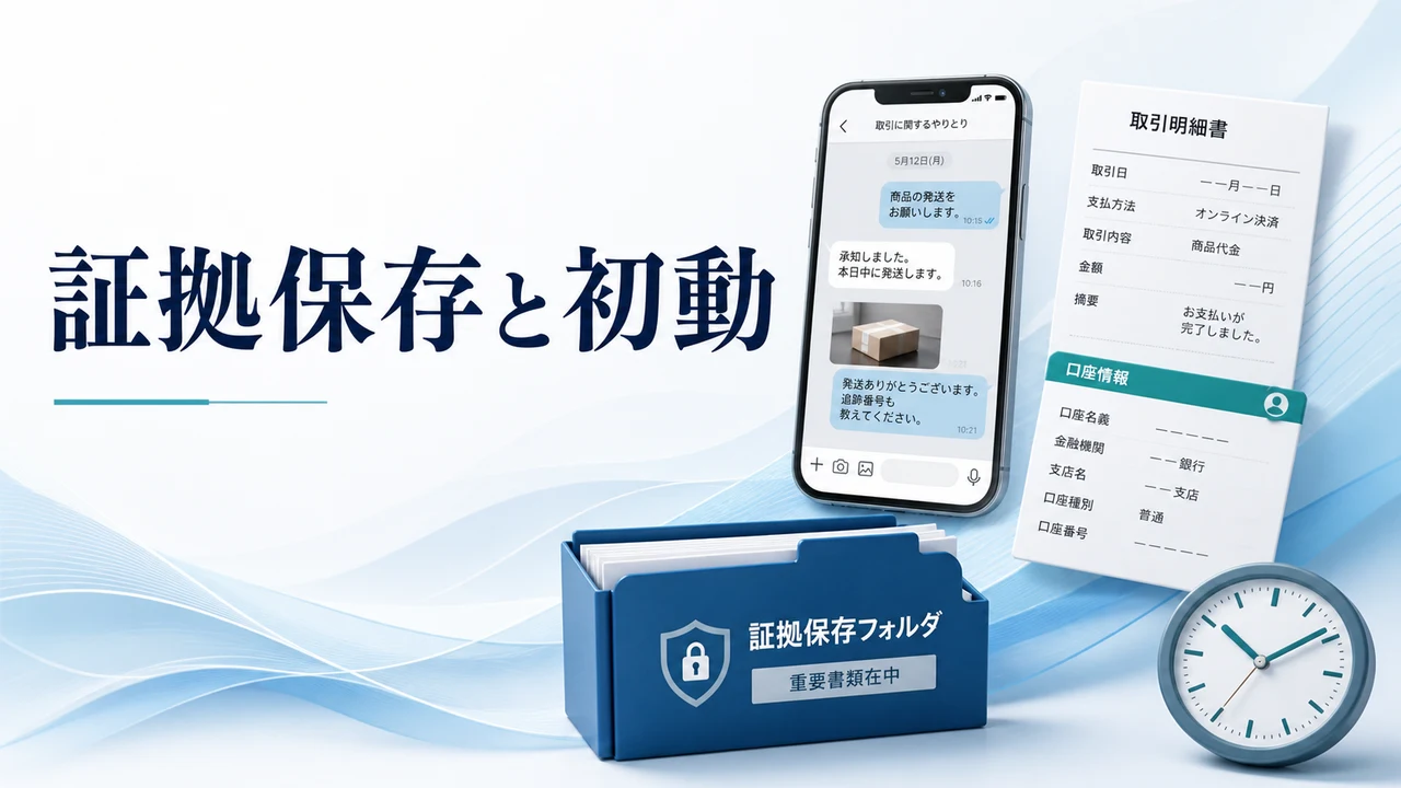 LINEのFX投資詐欺に気づいた後の証拠保存と初動を示す図