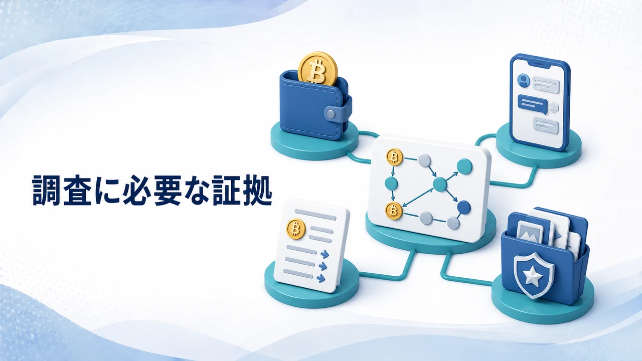 仮想通貨詐欺の調査に必要な証拠を示す図