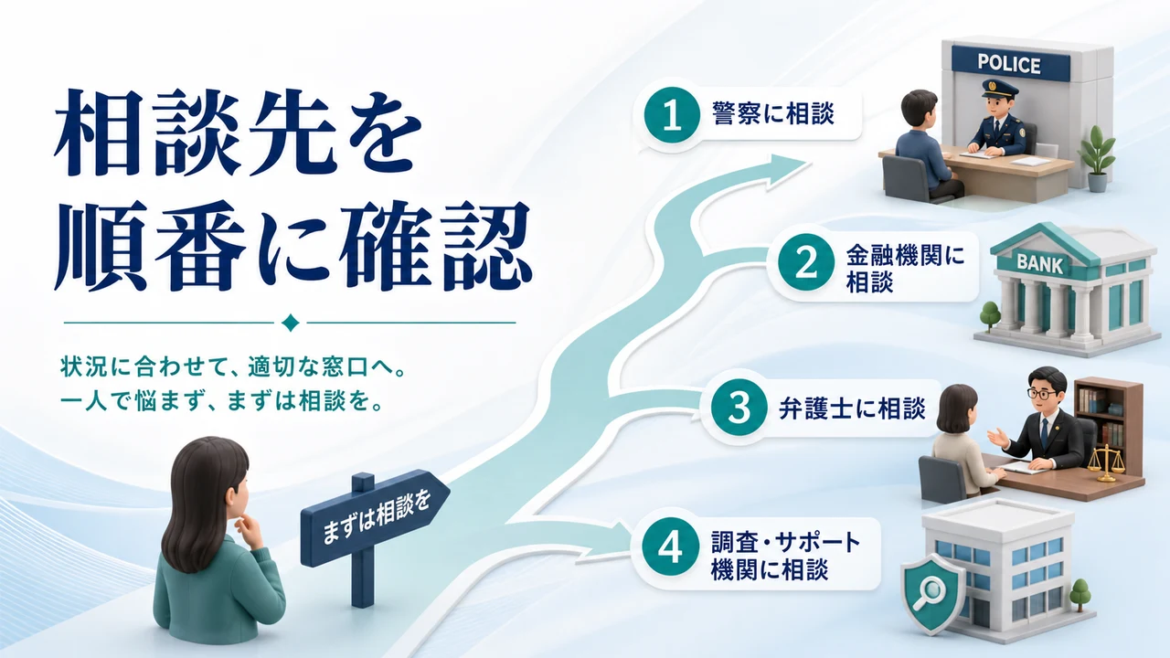LINEのFX投資詐欺で相談先を順番に確認する図