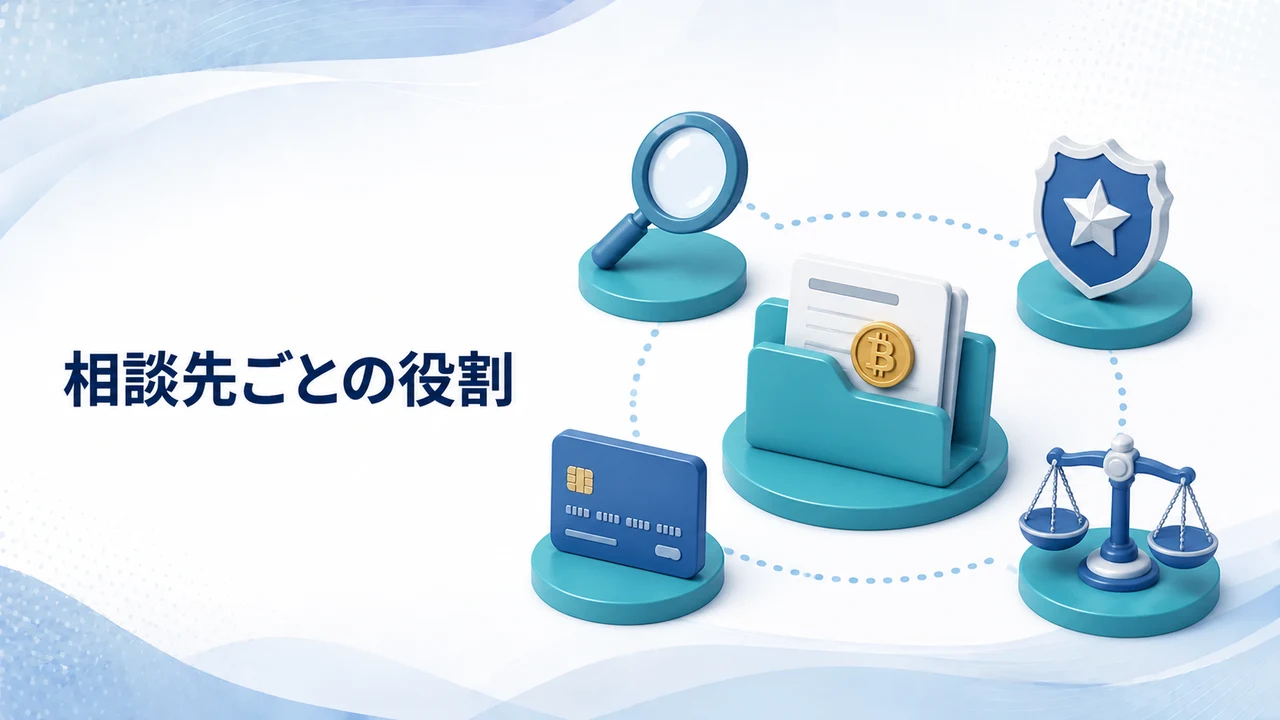 仮想通貨詐欺の相談先ごとの役割を示す図