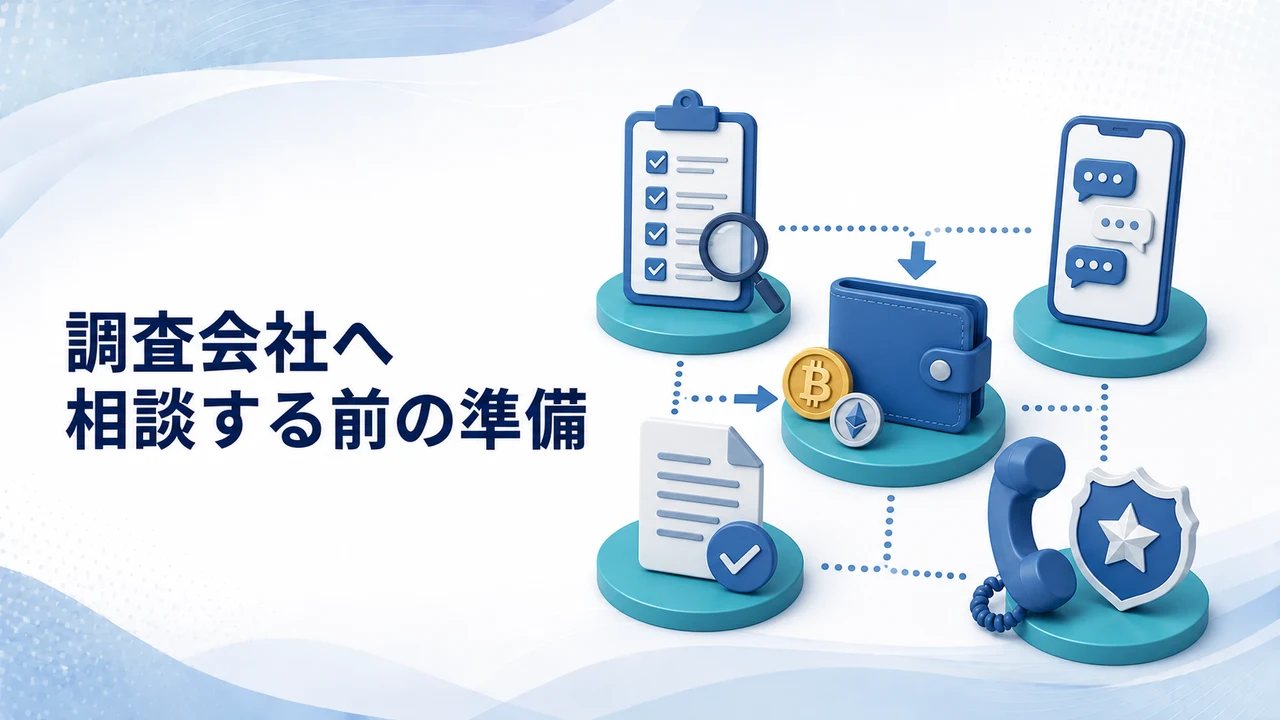 仮想通貨詐欺の調査会社へ相談する前の準備を示す図