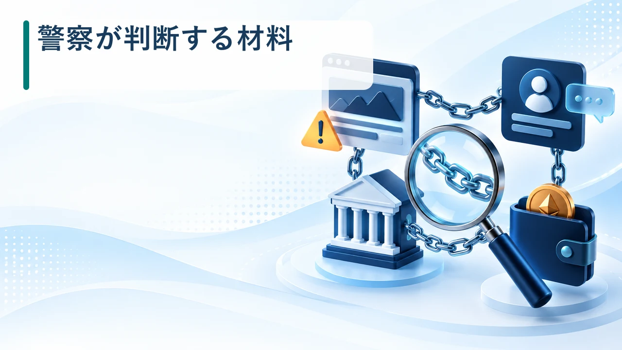 仮想通貨詐欺で警察が判断する材料を示す図