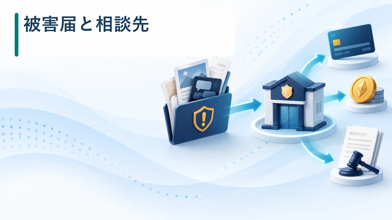 仮想通貨詐欺の被害届と相談先を示す図