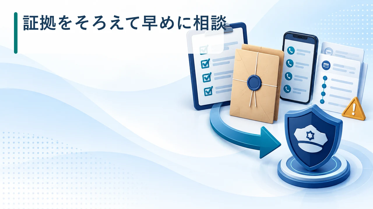証拠をそろえて警察へ早めに相談する流れを示す図