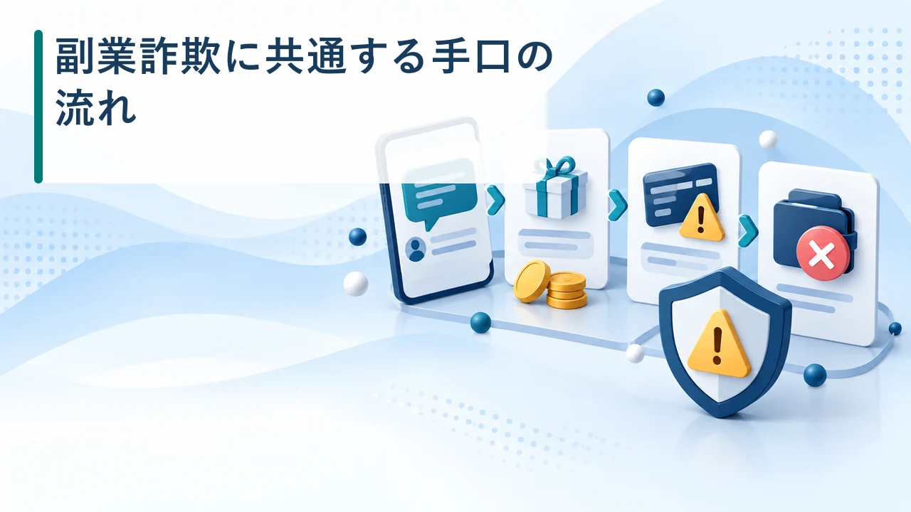 副業詐欺に共通する手口の流れを示す図
