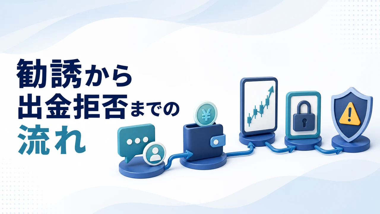 FX詐欺の勧誘から出金拒否までの流れを示す図