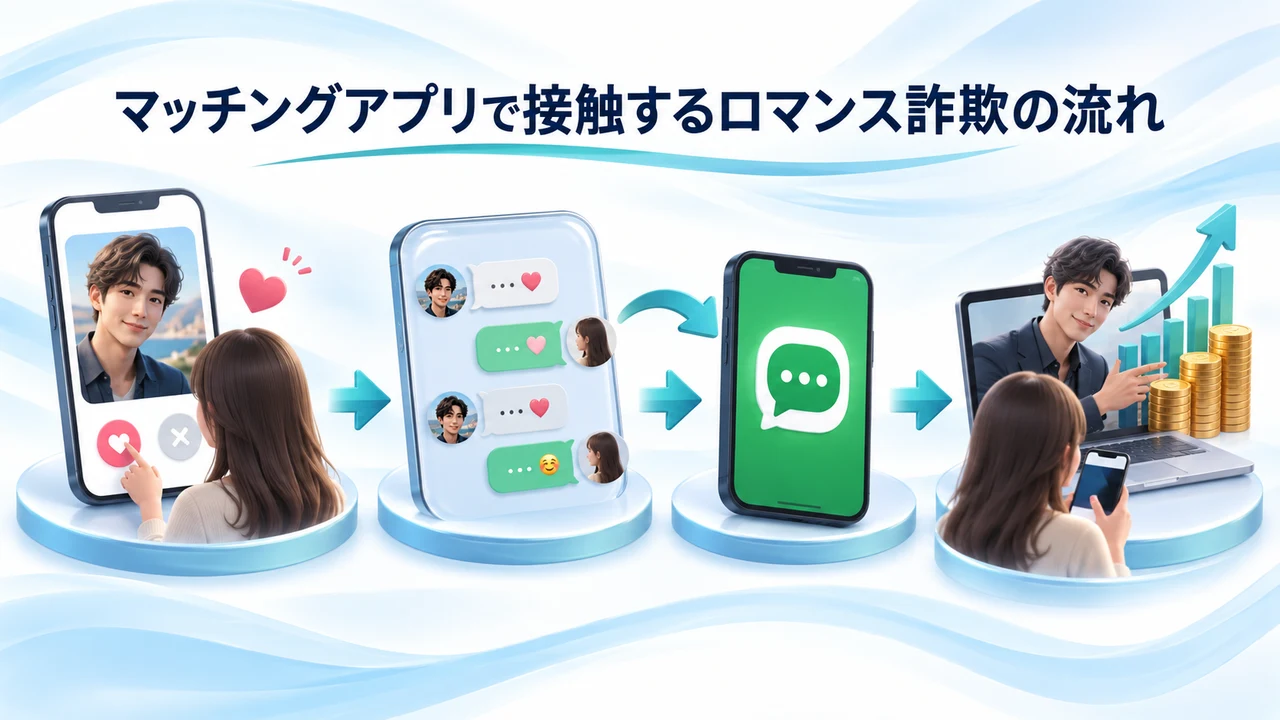 マッチングアプリで接触するロマンス詐欺の流れ