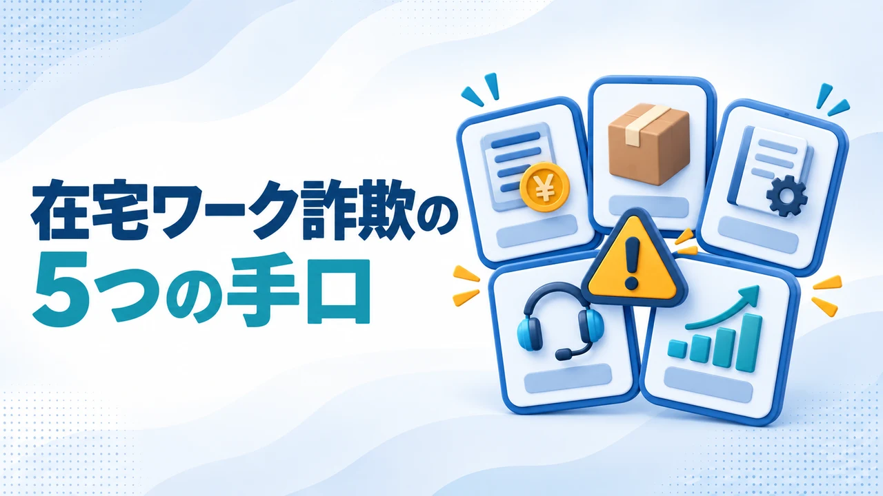 在宅ワーク詐欺で見られる5つの手口を示す図