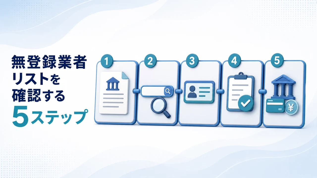 金融庁の無登録業者リストを確認する5ステップを示す図