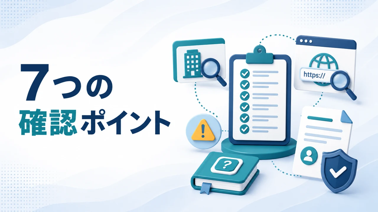 仮想通貨詐欺を見分ける7つの確認ポイントを示す図