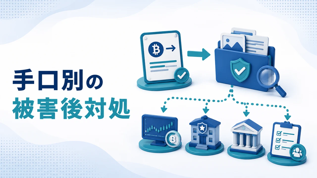 仮想通貨詐欺の手口別の被害後対処を示す図