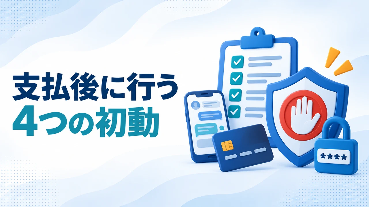 在宅ワーク詐欺へ支払った後の4つの初動を示す図