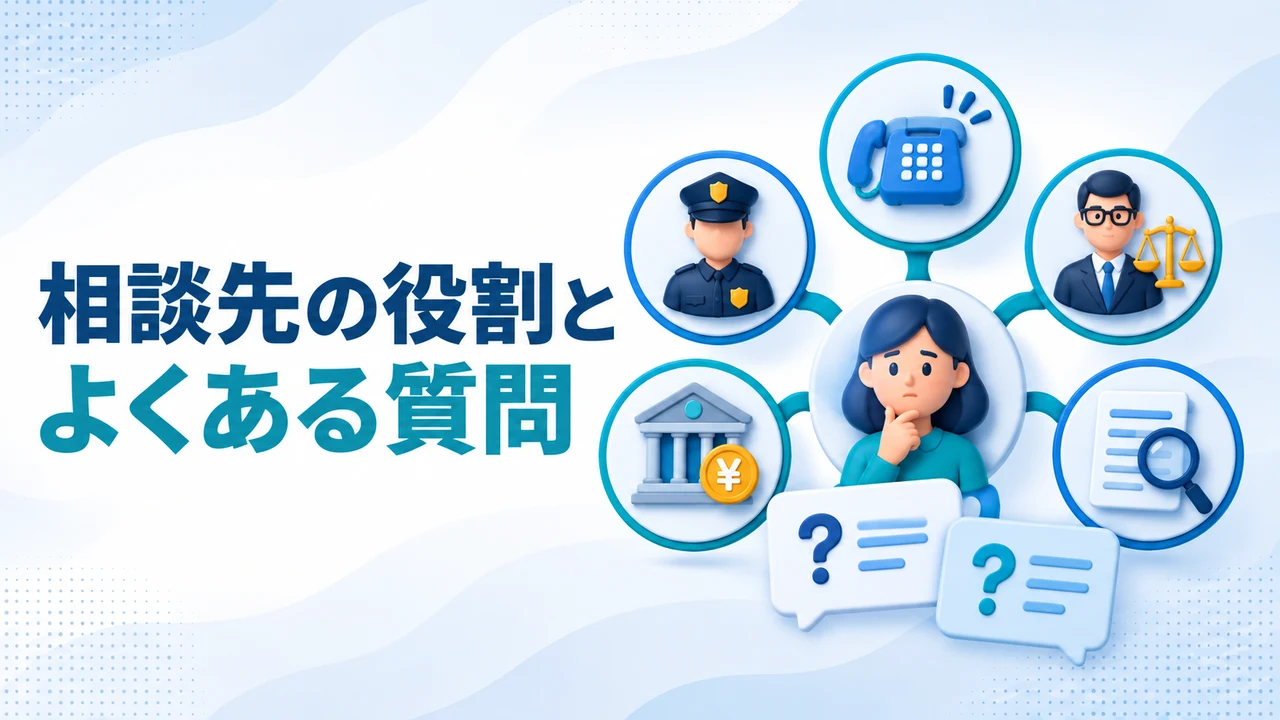 在宅ワーク詐欺の相談先の役割とよくある質問を示す図