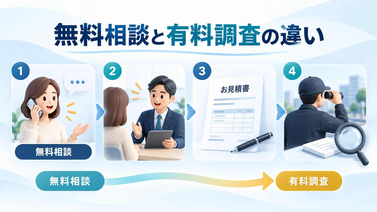 千羽リサーチの無料相談と有料調査の違いを示す図