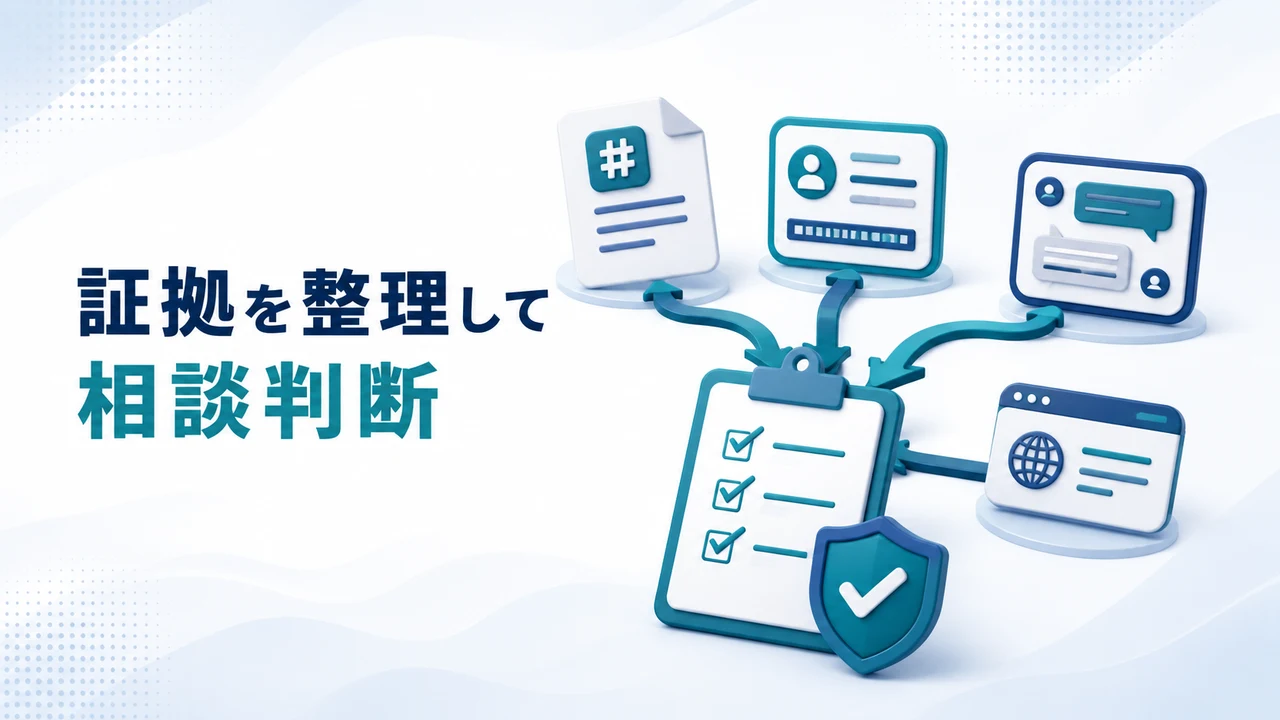 仮想通貨詐欺の証拠を整理して相談判断する図