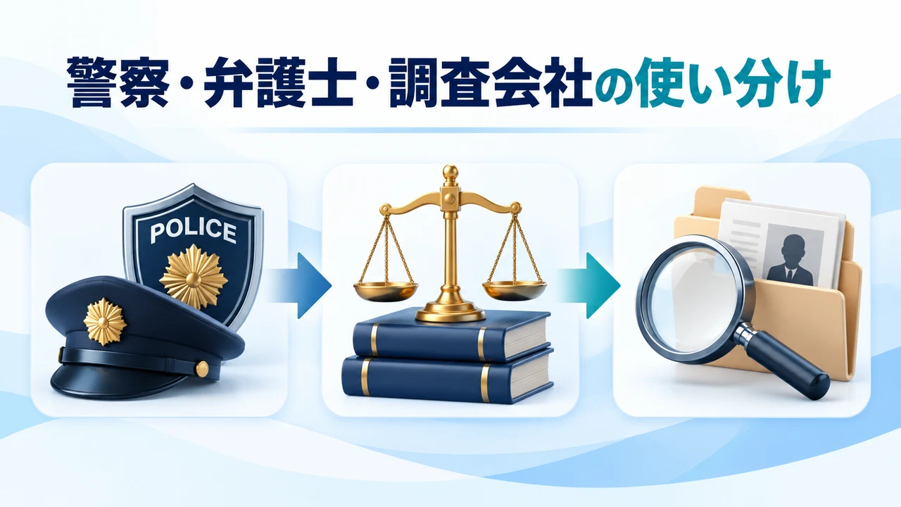 警察と弁護士と調査会社の使い分けを示す図