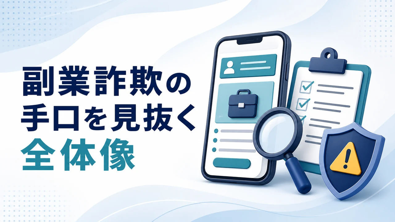 副業詐欺で使われる8つの手口と全体像を示す図