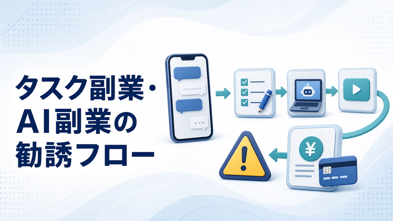 タスク副業・AI副業で使われる勧誘の流れを示す図