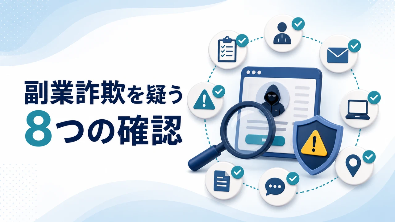 副業詐欺を疑う8つの確認項目を示す図