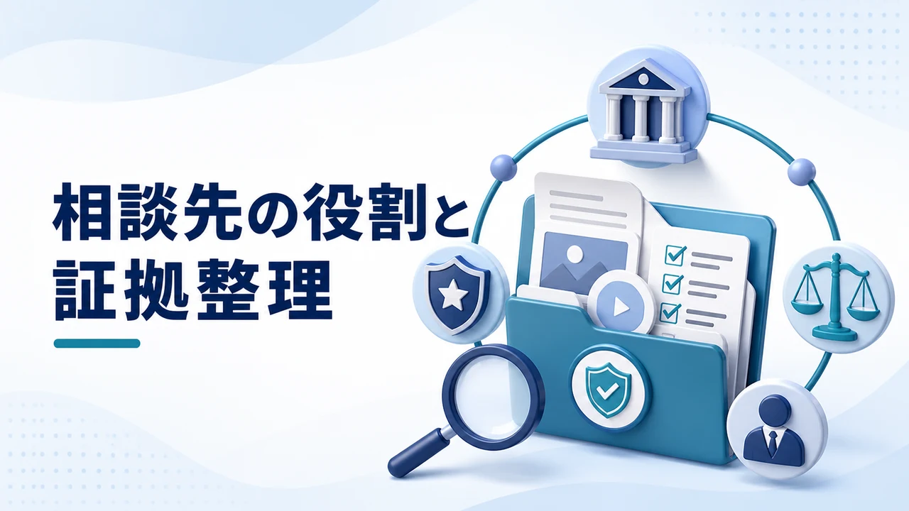 副業詐欺の相談先の役割と証拠整理を示す図