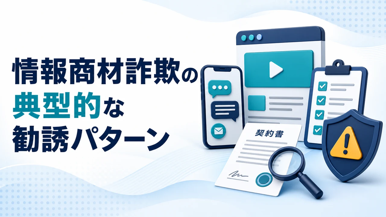 情報商材詐欺で多い典型的な勧誘パターンを示す図