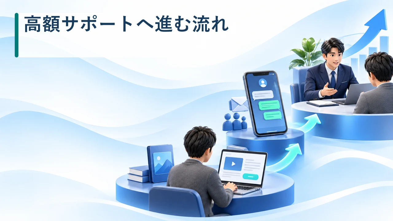 情報商材から高額サポートへ進む流れを示す図