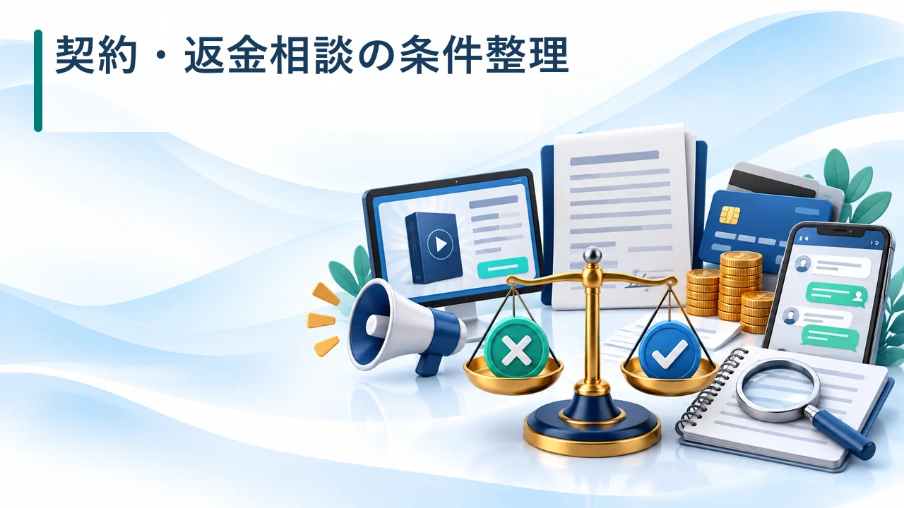 情報商材の契約と返金相談の条件を示す図