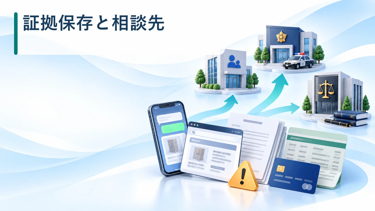 情報商材詐欺の証拠保存と相談先を示す図