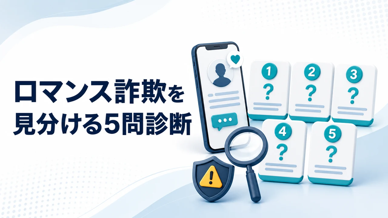 ロマンス詐欺を見分ける5問診断を示す図