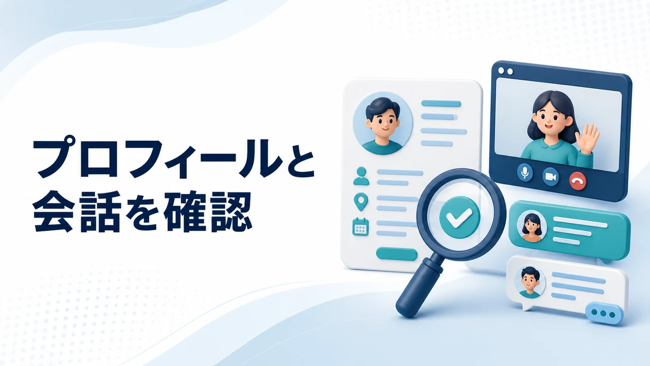 ロマンス詐欺を疑うプロフィールと会話の確認点を示す図