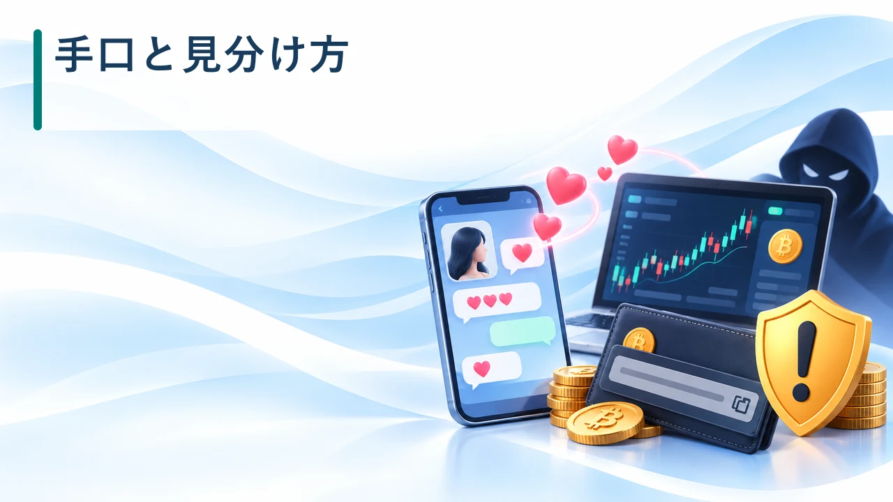仮想通貨ロマンス詐欺の手口と見分け方を示す図
