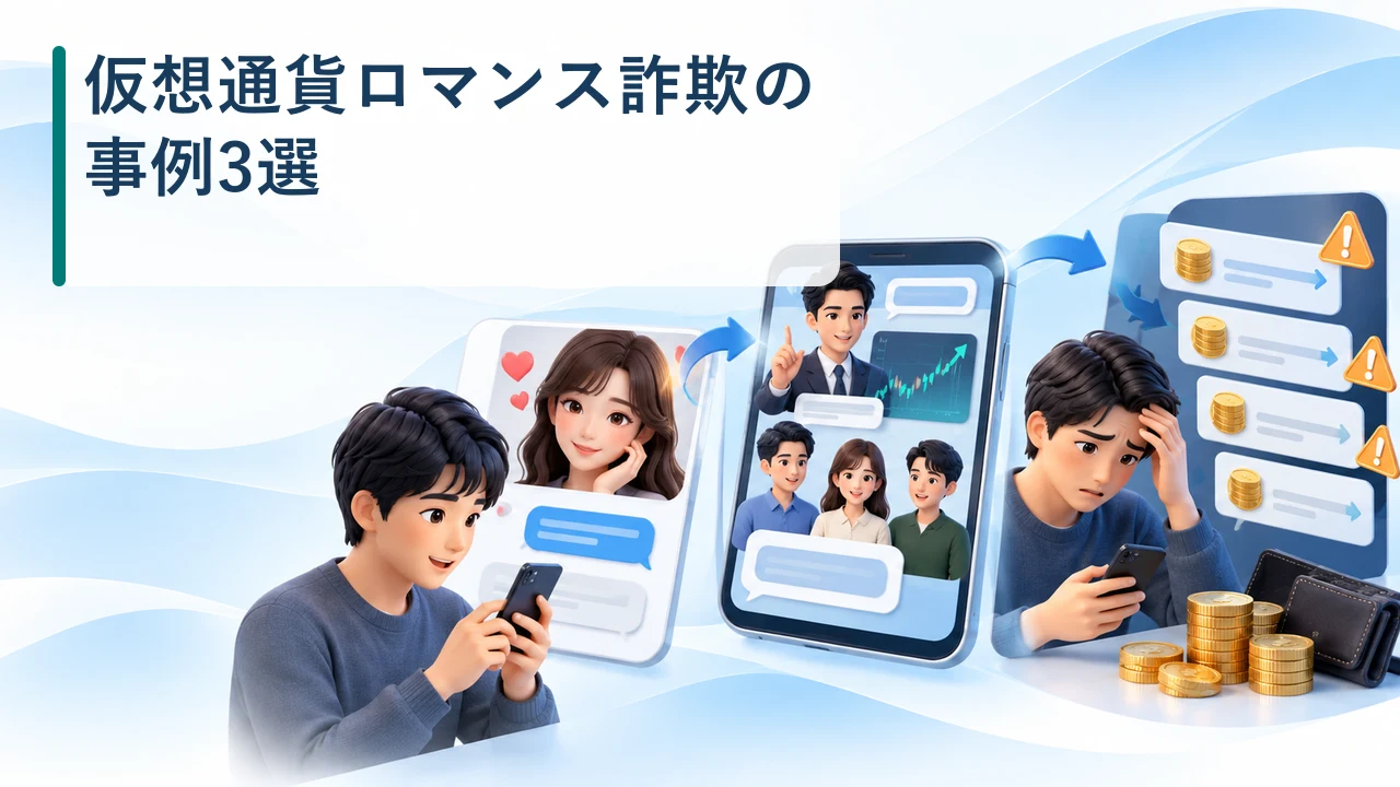 仮想通貨ロマンス詐欺の事例3選を示す図