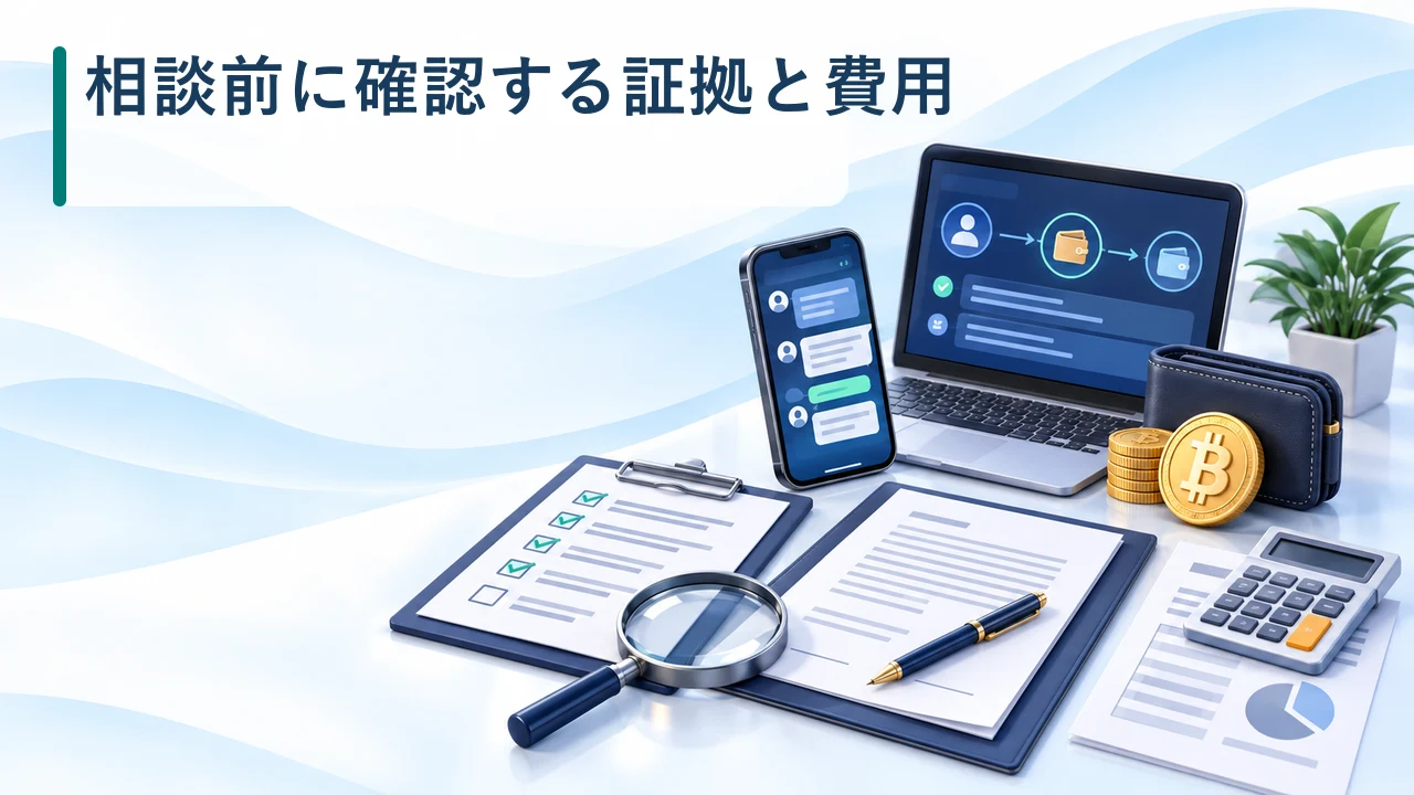 調査会社へ相談する前の証拠と費用確認を示す図