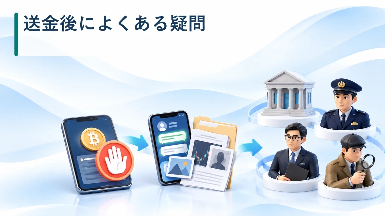 仮想通貨送金後の疑問と相談先を示す図