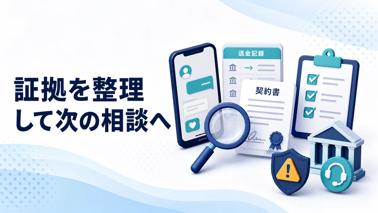 ロマンス詐欺の証拠を整理して次の相談へ進むを示す図