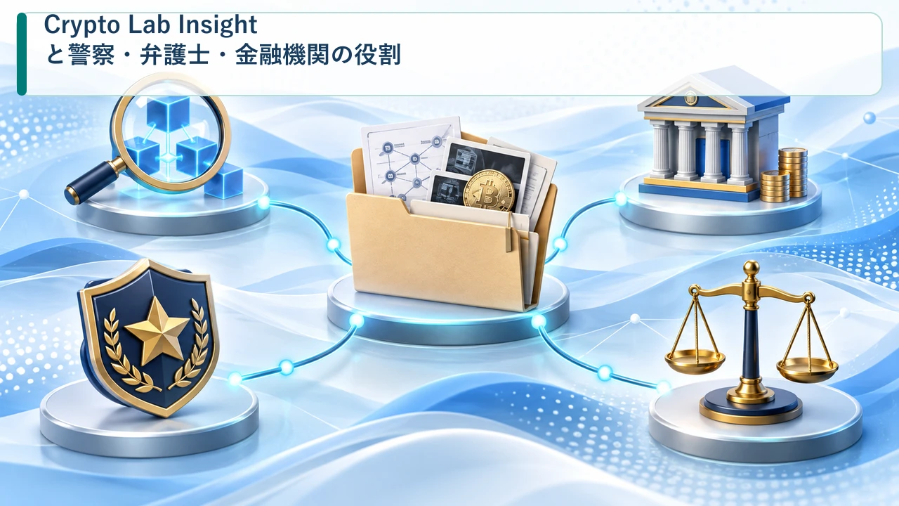 Crypto Lab Insightと警察・弁護士・金融機関の役割を示す図
