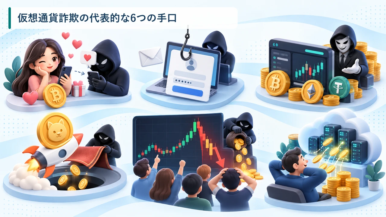 SNS勧誘・フィッシングなど6つの仮想通貨詐欺手口を示す図
